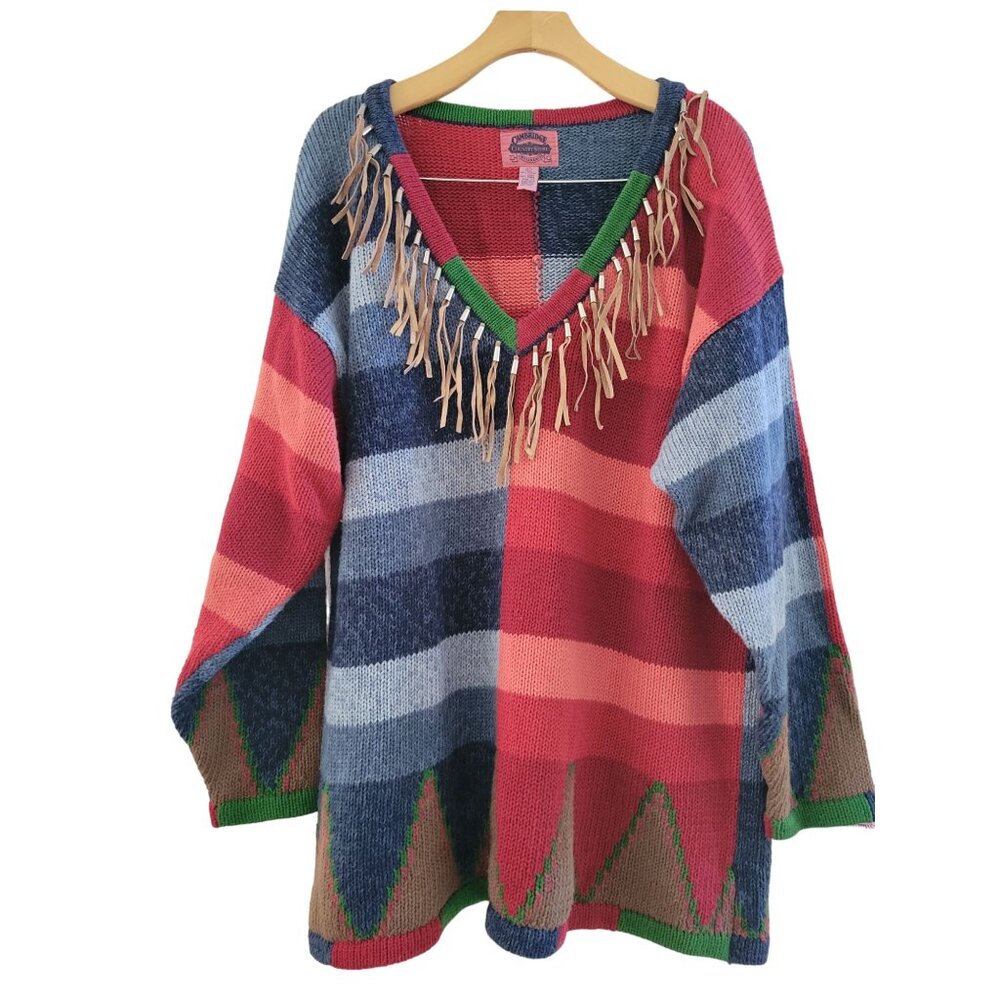 Vintage Cambridge Country Store Pink Blue Western Sweater size Large Boho fringe